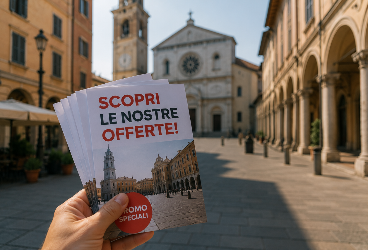 Volantinaggio porta a porta nel centro di Reggio Emilia per campagne pubblicitarie locali